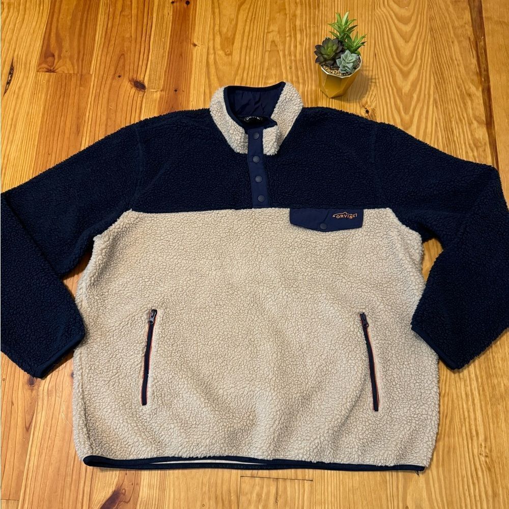 Orvis Snap-Front Sherpa Fleece Pullover Men’s SIZE XXL Blue Beige Color Block